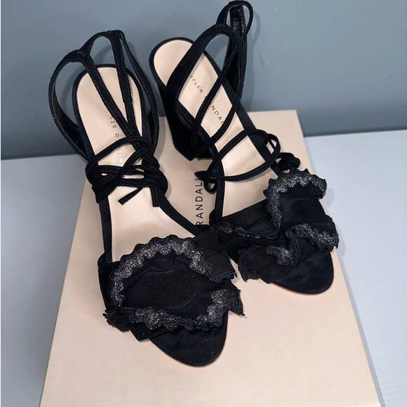 Loeffler Randall Metallic Ruffle Suede Lace Up Block Heels Black Size 8 - Picture 2 of 7